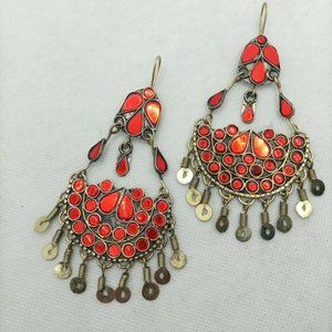 Glass Stones Kuchi Earrings With Dangling Tassels, Tribal Dangle Earrings